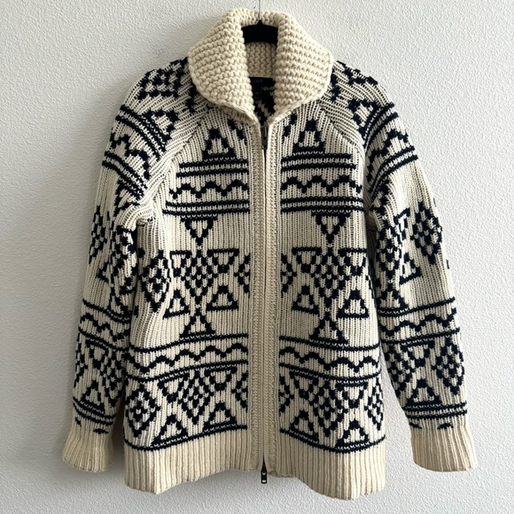 J. Crew Fair Isle Full Zip Thick Knit Lambswool Cardigan Sweater Cream Blue Boho - Picture 3 of 11